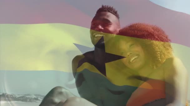 Animation Flag Ghana African American Couple Beach Vacation Patriotism Concept — Stock Video