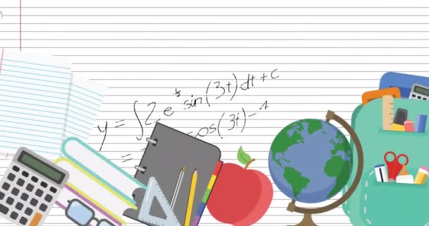 Анімація Шкільних Іконок Математичних Рівнянь Над Вишитим Папером Навчання Освіта — стокове відео