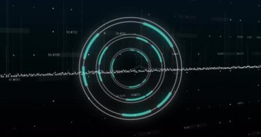 Veri işleme ve neon yuvarlak tarayıcının animasyonu siyah arkaplana karşı dönüyor. Bilgisayar arayüzü ve iş teknolojisi kavramı