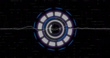 Veri işleme ve neon yuvarlak tarayıcının animasyonu siyah arkaplana karşı dönüyor. Bilgisayar arayüzü ve iş teknolojisi kavramı