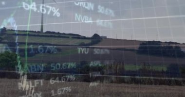 Rüzgar türbini ve veri işleme animasyonu. Dijital olarak oluşturulmuş küresel bilgisayar ve veri işleme kavramı.