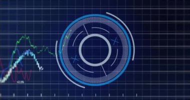 Finansal veri işleme ve mavi arka planda dönen neon yuvarlak tarayıcının animasyonu. Küresel finans ve iş teknolojisi kavramı