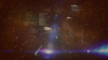 Veri işleme animasyonu ve siyah arkaplana karşı mavi ışık noktaları. Bilgisayar arayüzü ve iş teknolojisi kavramı