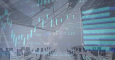 Yüksek binalara karşı boş ofis üzerinden istatistiksel ve borsa veri işleme animasyonu. Bilgisayar arayüzü ve iş veri teknolojisi kavramı