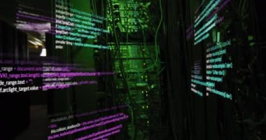 Animation of data processing against computer server room. Computer interface and business data storage technology concept