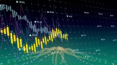 Ağ üzerinden yeşil gradyan arkaplana karşı veri işleme animasyonu. Bilgisayar arayüzü ve iş veri teknolojisi kavramı