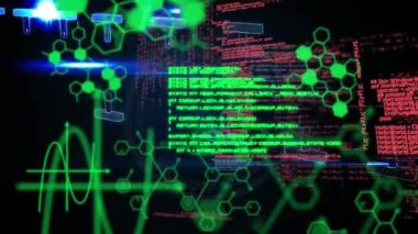 DNA iplikçiklerinin dönmesi ve veri işleme animasyonu. Küresel bilim, araştırma, hesaplama ve veri işleme kavramı dijital olarak oluşturulmuş video.
