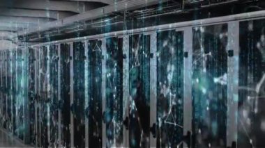 Animation of data processing and network of connections against computer server room. Global networking and business data storage technology concept