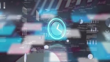 Neon saat animasyonu, iş konsept metinleri ağı ve istatistiksel veri işleme. Bilgisayar arayüzü ve iş veri teknolojisi kavramı