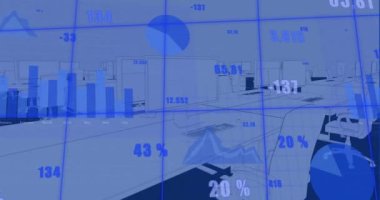 Ofis masası üzerinden istatistiksel veri işleme animasyonu. Bilgisayar arayüzü ve iş veri teknolojisi kavramı