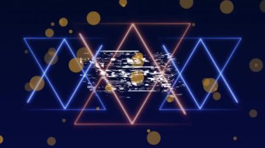 Mavi arkaplandaki neon geometrik şekiller üzerindeki sarı noktalar ve metin afişlerinin animasyonu. Video oyunu arayüzü ve teknoloji kavramı