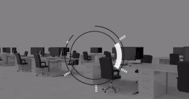 Yuvarlak tarayıcıdan boş ofise karşı veri işleme animasyonu. Bilgisayar arayüzü ve iş veri teknolojisi kavramı