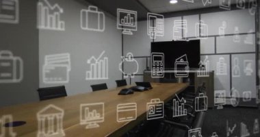 Ofisteki boş konferans odasına karşı çoklu dijital simgelerin canlandırılması. Bilgisayar arayüzü ve iş teknolojisi kavramı