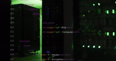 Sunucu odasında veri işleme animasyonu. Küresel teknoloji ve dijital arayüz kavramı, dijital olarak oluşturulmuş video.