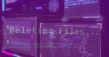 Mor arkaplan ile veri işleme arayüzünün animasyonu. Bilgisayar arayüzü ve iş teknolojisi kavramı