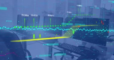 Animation of financial data processing against computers on office desks. Global finance and business technology concept