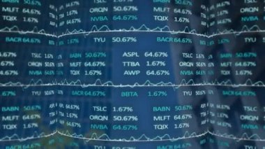 Animation of stock market data processing against tall buildings. Global economy and business technology concept