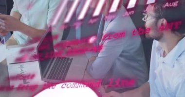 Animation of statistical data processing against team of diverse colleagues discussing at office. Business data technology concept