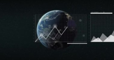 Siyah arka planda istatistiksel veri işleme animasyonu. Küresel ağ ve iş veri teknolojisi kavramı