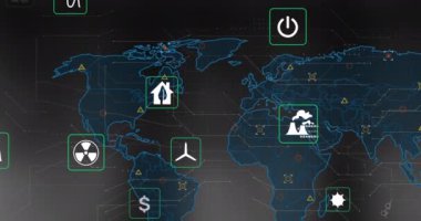 Dünya haritasında ekolojik simgelerin ve veri işlemenin animasyonu. Küresel çevre, iş, finans, hesaplama ve veri işleme kavramı dijital olarak oluşturulmuş video.