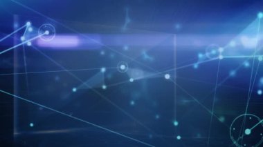 Animation of network of connections and light trails against blue background. Global networking and business technology concept