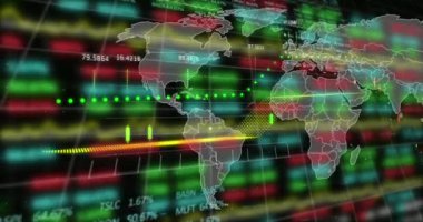 Finansal ve borsa veri işleme animasyonunun dünya haritasında kara arka planla karşılaştırılması. Küresel ekonomi ve iş teknolojisi kavramı