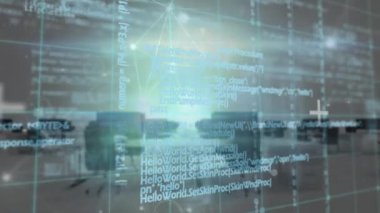 Ofise karşı şebeke üzerinden parlayan bağlantılar ve veri işleme ağının animasyonu. Küresel ağ ve iş teknolojisi kavramı