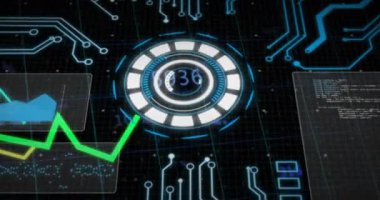 Yuvarlak tarayıcı, istatistiksel veri işleme ve mikroişlemci bağlantılarının animasyonu. Bilgisayar arayüzü ve iş veri teknolojisi kavramı