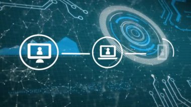 Yuvarlak tarayıcı ve mikroişlemci bağlantıları üzerinden dijital simge ağının animasyonu. Küresel ağ ve iş teknolojisi kavramı