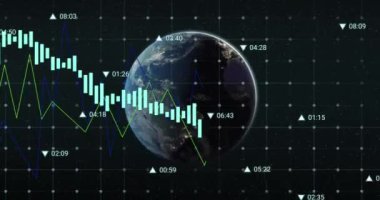 Siyah arkaplanda dünya ile şebeke üzerinden veri işleme animasyonu. Küresel ağ ve iş veri teknolojisi kavramı