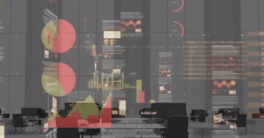 Gri arka planda istatistiksel veri işleme animasyonu. Bilgisayar arayüzü ve iş veri teknolojisi kavramı