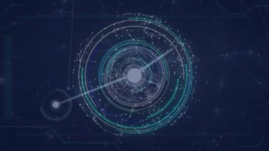 Animation of network of connections over spinning globe against blue background. Global networking and business technology concept