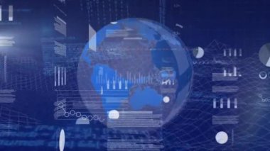 Meta-evren yapılarına karşı dönen dünya üzerinde istatistiksel veri işleme animasyonu. Küresel ağ ve iş veri teknolojisi kavramı