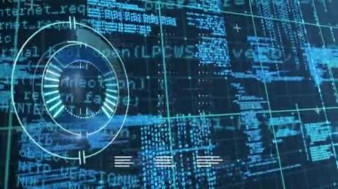 Soyut arkaplanda bilgisayar diline karşı ızgara şablonu üzerinden daireler yüklemenin animasyonu. Dijital olarak üretilmiş, hologram, illüstrasyon, ilerleme, kodlama ve teknoloji kavramı.