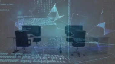 Plexus ağlarının animasyonu ofis masalarına karşı bir küre ve veri işleme sistemi oluşturuyor. Küresel ağ ve iş teknolojisi kavramı
