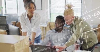 Animation of interface with data processing over diverse colleagues discussing together at office. Computer interface and business technology concept