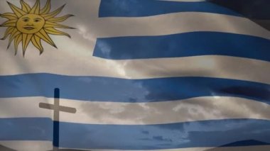 Hristiyan haçı ve Uruguay bayrağının animasyonu. Hristiyanlık, inanç ve din kavramı dijital olarak oluşturulmuş video.