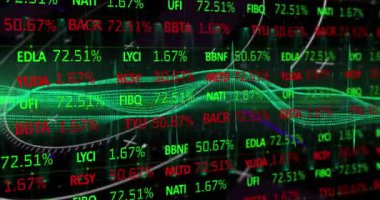 Borsa veri işlemenin animasyonu ve kara zemine karşı yeşil dijital dalga. Küresel ekonomi ve iş teknolojisi kavramı