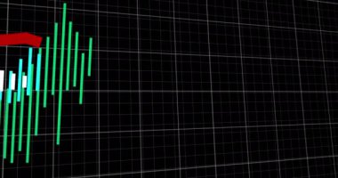 Siyah arkaplana karşı ızgara ağı üzerinden istatistiksel veri işleme animasyonu. Bilgisayar arayüzü ve iş veri teknolojisi kavramı