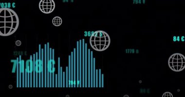 Siyah arka plandaki dünya simgelerinde finansal veri işleme animasyonları. Küresel iş, bilgisayar ve dijital arayüz kavramı dijital olarak oluşturulmuş video.