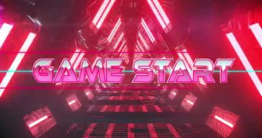 Oyun boyunca hata efektinin animasyonu metni başlatma pankartı ile pürüzsüz biçimde neon kırmızı tünel karşı karşıya. Video oyunu arayüzü ve teknoloji kavramı