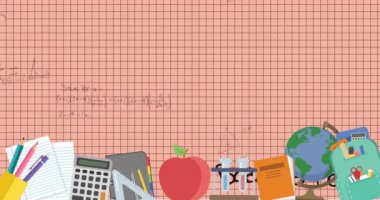 Okul simgelerinin ve matematik denklemlerinin kare kağıdın üzerinde canlandırılması. Dijital olarak oluşturulan öğrenme, eğitim ve veri işleme kavramı.