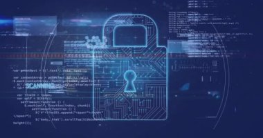 Güvenlik asma kilit simgesi üzerinde tarama ve mavi arkaplan ile veri işleme animasyonu. Siber güvenlik ve iş teknolojisi kavramı