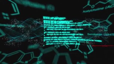 DNA iplikçiklerinin dönmesi ve veri işleme animasyonu. Küresel bilim, araştırma, hesaplama ve veri işleme kavramı dijital olarak oluşturulmuş video.