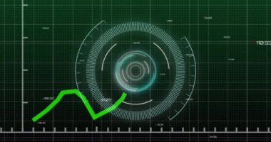 Neon yuvarlak tarayıcının animasyonu ve yeşil arka planda istatistiksel veri işleme. Bilgisayar arayüzü ve iş veri teknolojisi kavramı