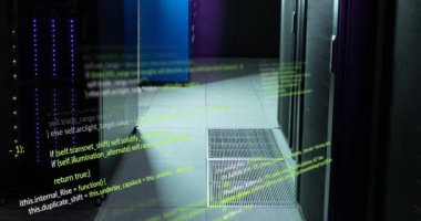 Bilgisayar sunucuları üzerinden veri işleme animasyonu. Dijital olarak oluşturulmuş küresel bağlantılar, hesaplama ve veri işleme kavramı.