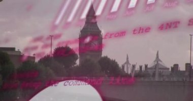 Büyük Ben kulesinin görüntüsüyle istatistiksel veri işleme animasyonu. Bilgisayar arayüzü ve iş veri teknolojisi kavramı