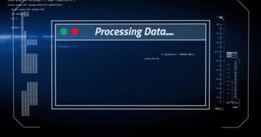 Veri işleme ile arayüzün animasyonu ve mavi arkaplan ile ışık noktası. Bilgisayar arayüzü ve iş teknolojisi kavramı