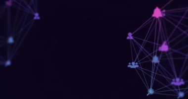 Mor arkaplanda dönen iki küre dijital ikonun animasyonu. Küresel ağ ve iş teknolojisi kavramı