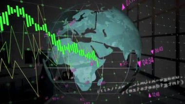 Boş ofise karşı dönen dünya üzerinde veri işleme animasyonu. Küresel ağ ve iş veri teknolojisi kavramı